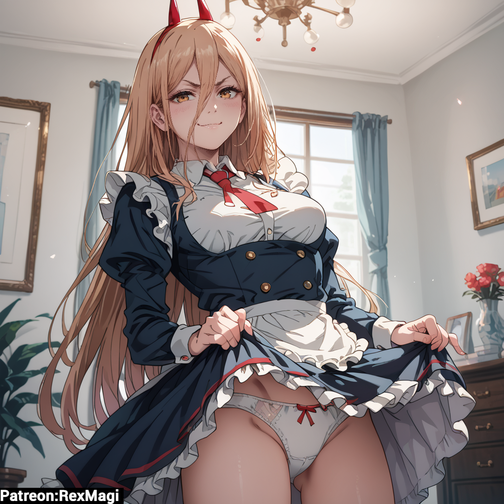 ai_generated bedroom blonde_hair breasts chainsaw_man horns horns_girl lifting_clothing lifting_skirt looking_at_viewer maid maid_outfit maid_uniform orange_eyes panties power_(chainsaw_man) smirk upskirt white_panties