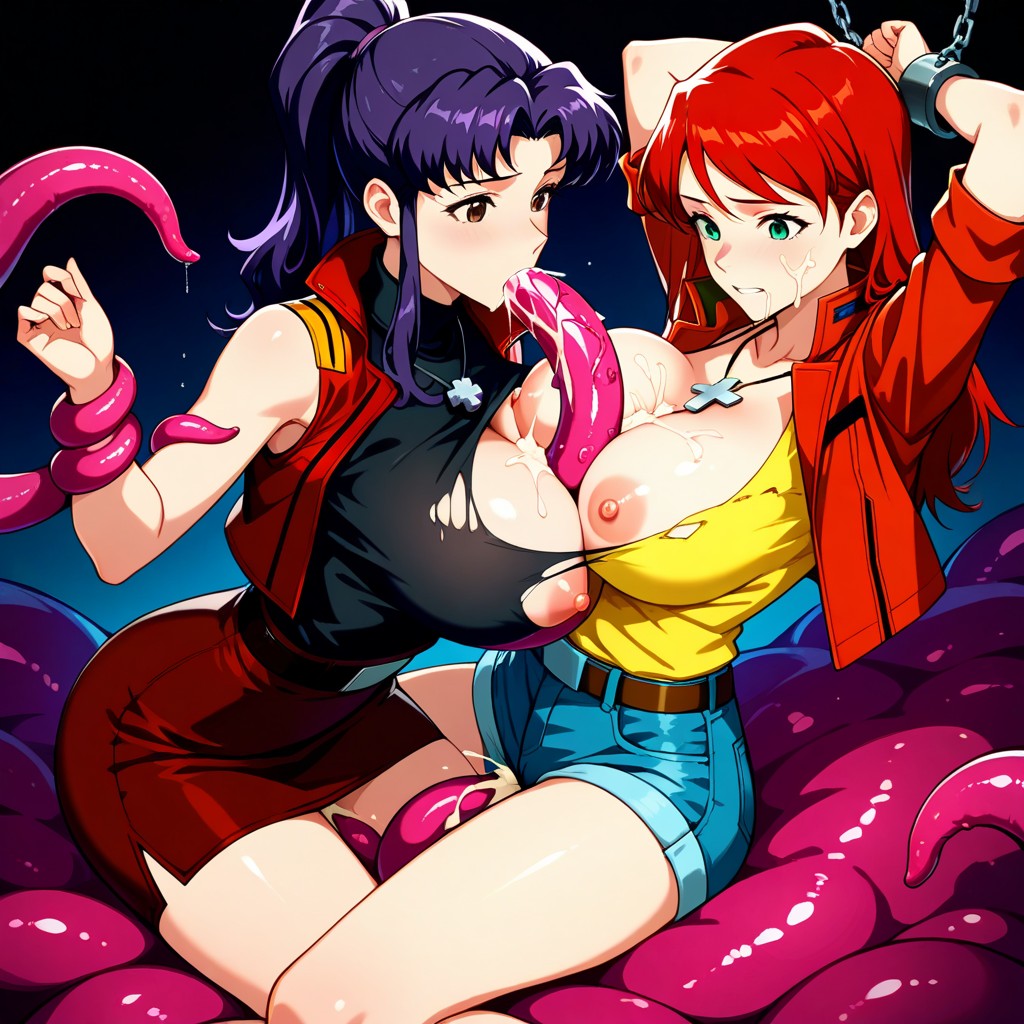 2girls ai_generated blowjob bondage boobjob breasts breasts_out bukkake chained chains crossover cum cum_on_breasts fellatio female green_eyes hair long_hair marvel marvel_comics mary_jane_watson misato_katsuragi neon_genesis_evangelion oral paizuri purple_hair red_hair restrained ripped_clothing spider-man_(series) straight_hair submissive submissive_female tentacle tentacle_bondage titjob torn_clothes vaginal_penetration