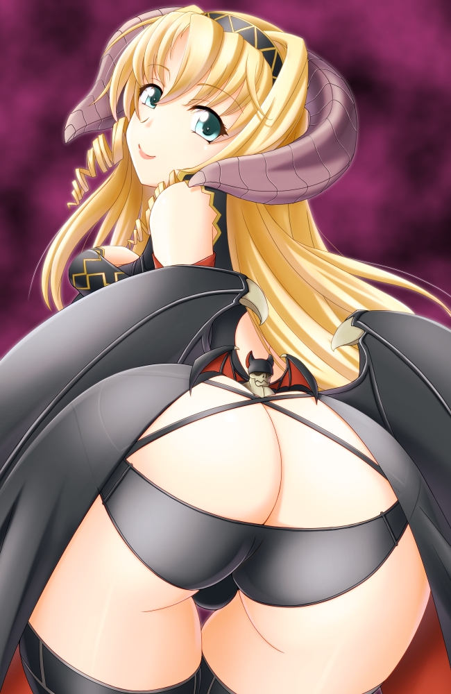 aqua_eyes ass blonde_hair breasts butt_crack demon_girl demon_wings drill_hair female from_behind gaen hairband horns huge_ass long_hair looking_at_viewer looking_back mammon_(sin_nanatsu_no_taizai) mammon_(the_seven_deadly_sins) panties sin_nanatsu_no_taizai smile the_seven_deadly_sins underwear wings