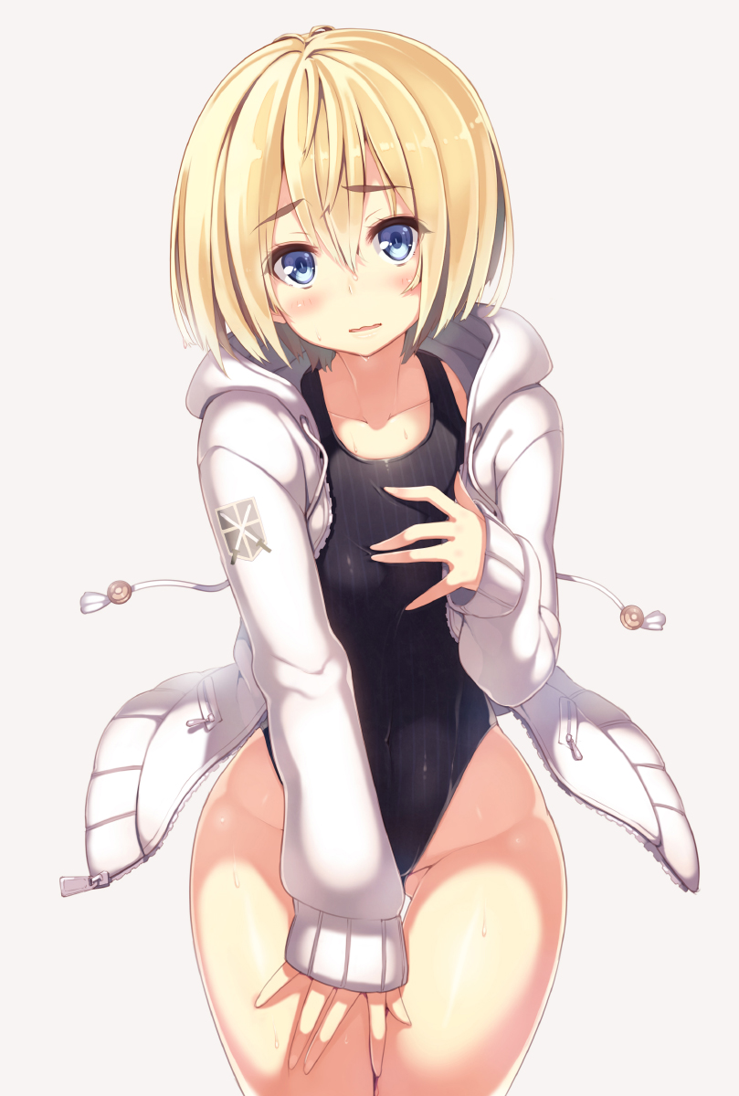 1boy armin_arlert ass_visible_through_thighs attack_on_titan covering_crotch drawstring femboy hand_on_breast navel navel_visible_through_clothes one-piece_swimsuit oversized_hoodie shingeki_no_kyojin sleeves_past_wrists tel-o thigh_gap thighs twink