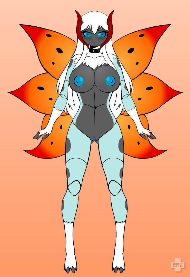 anthro arthropod blue_eyes collar female hair insects moth nintendo nipples nude pokemon pussy razplus solo video_games volcarona white_hair wings