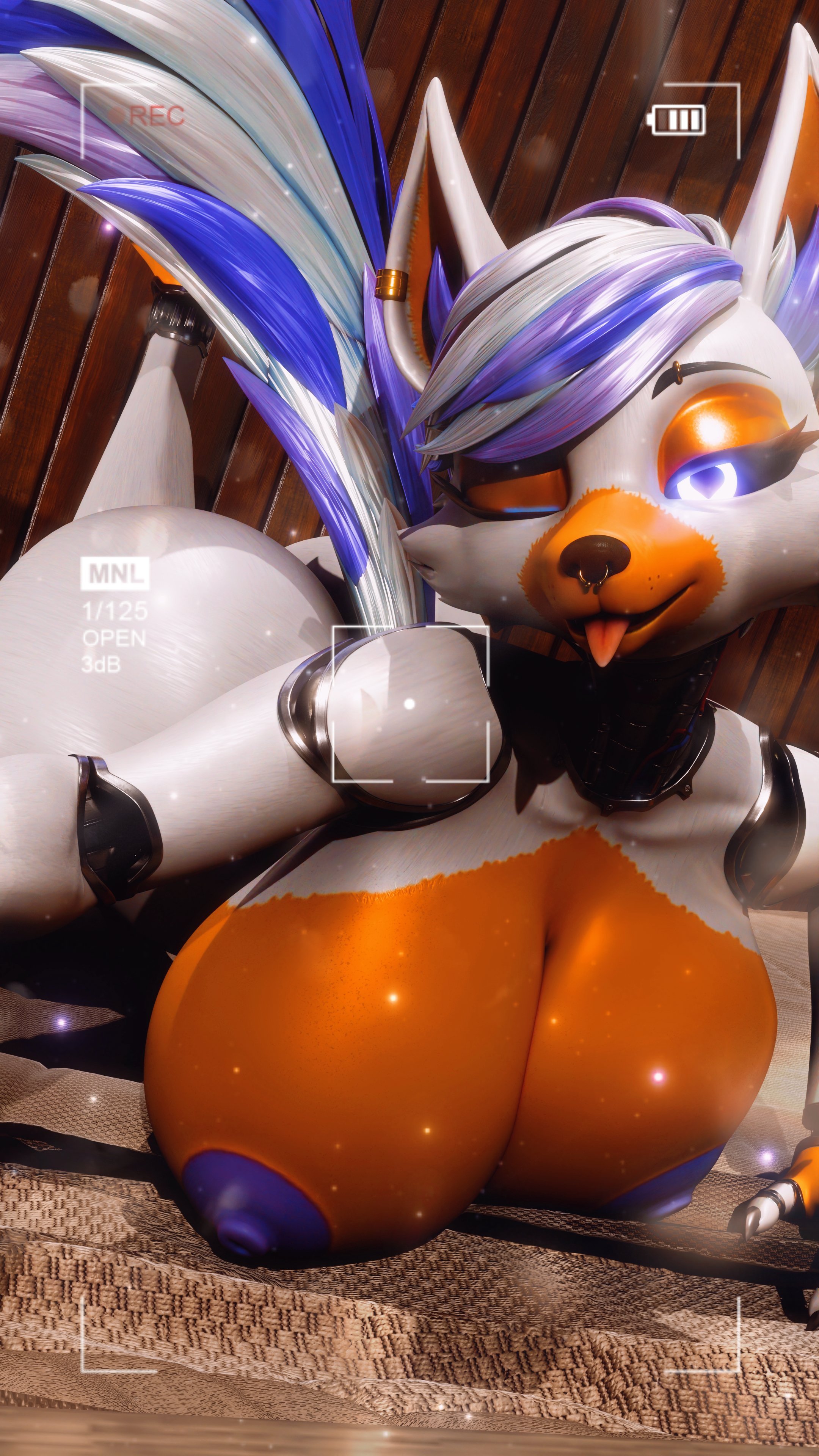 3d (artwork), absurd res, animatronic, anthro, areola, ass, bangs, bed, big breasts, breasts, canid, canine, claws, dark areola, dark nipples, digital media (artwork), ear piercing, ear ring, english text, eyebrow piercing, facial piercing, female, five nights at freddy's, five nights at freddy's world, fox, fur, furniture, glistening, glistening hair, glowing, glowing eyes, hi res, huge breasts, inner ear fluff, lolbit (fnaf), looking at viewer, lying, lying on bed, machine, mammal, mrs dexie, nipples, nose piercing, nose ring, nude, nude anthro, nude female, on bed, on front, one eye closed, piercing, purple areola, purple body, purple eyes, purple fur, purple hair, purple nipples, recording video, ring piercing, robot, robot anthro, scottgames, short hair, smile, smiling at viewer, solo, swept bangs, tail, text, tongue, tongue out, tuft, wall (structure), white body, white fur, wink, winking at viewer, wood, wood wall