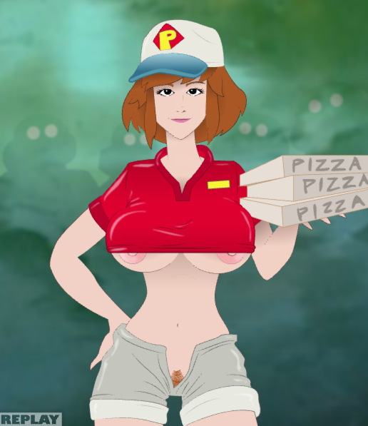 april_o'neil april_o'neil_(tmnt_1987) background_characters bush female hat hourglass_figure mooq-e nipple_slip open_shorts open_zipper pizza_box pizza_delivery pizza_girl teenage_mutant_ninja_turtles tmnt_1987 white_skin