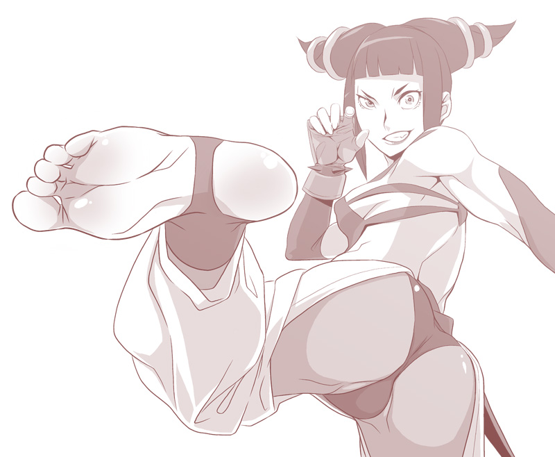 barefoot breasts feet female female_only fingerless_gloves foot_fetish foot_focus gloves human juri_han kick kicking medium_breasts monochrome nipple_bulge sideboob soles solo stirrup_thighhighs street_fighter toeless_legwear toes watarabe_keiichi white_background