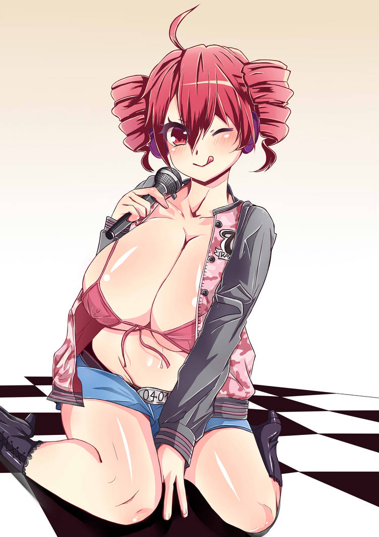 1female big_breasts black_boots bra drill_hair kasane_teto red_eyes red_hair thighs tongue_out utau wink