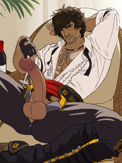 1boy armpits black_eyes body_hair brown_hair color huge_cock male male_only masturbation miguel_caballero_rojo muscle penis scent_(artist) solo tekken testicles uncensored wolfscade yaoi