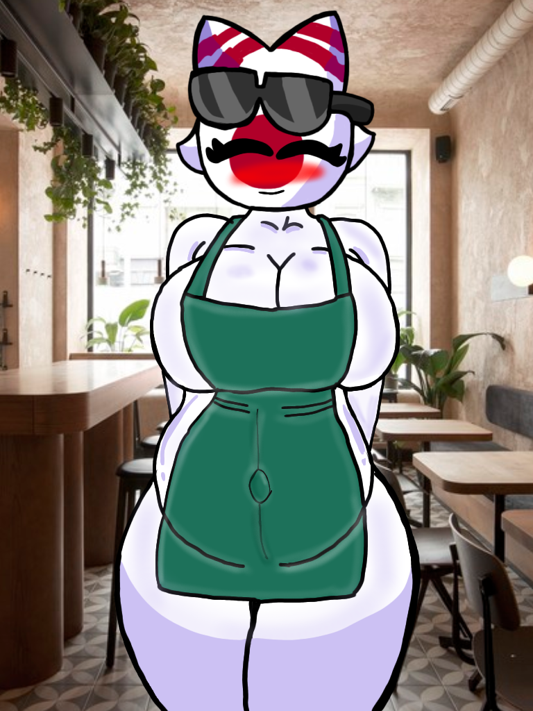 1girls blushing countryhumans countryhumans_girl goggles_on_forehead huge_breasts japan_(countryhumans) pregnant pregnant_female waitress