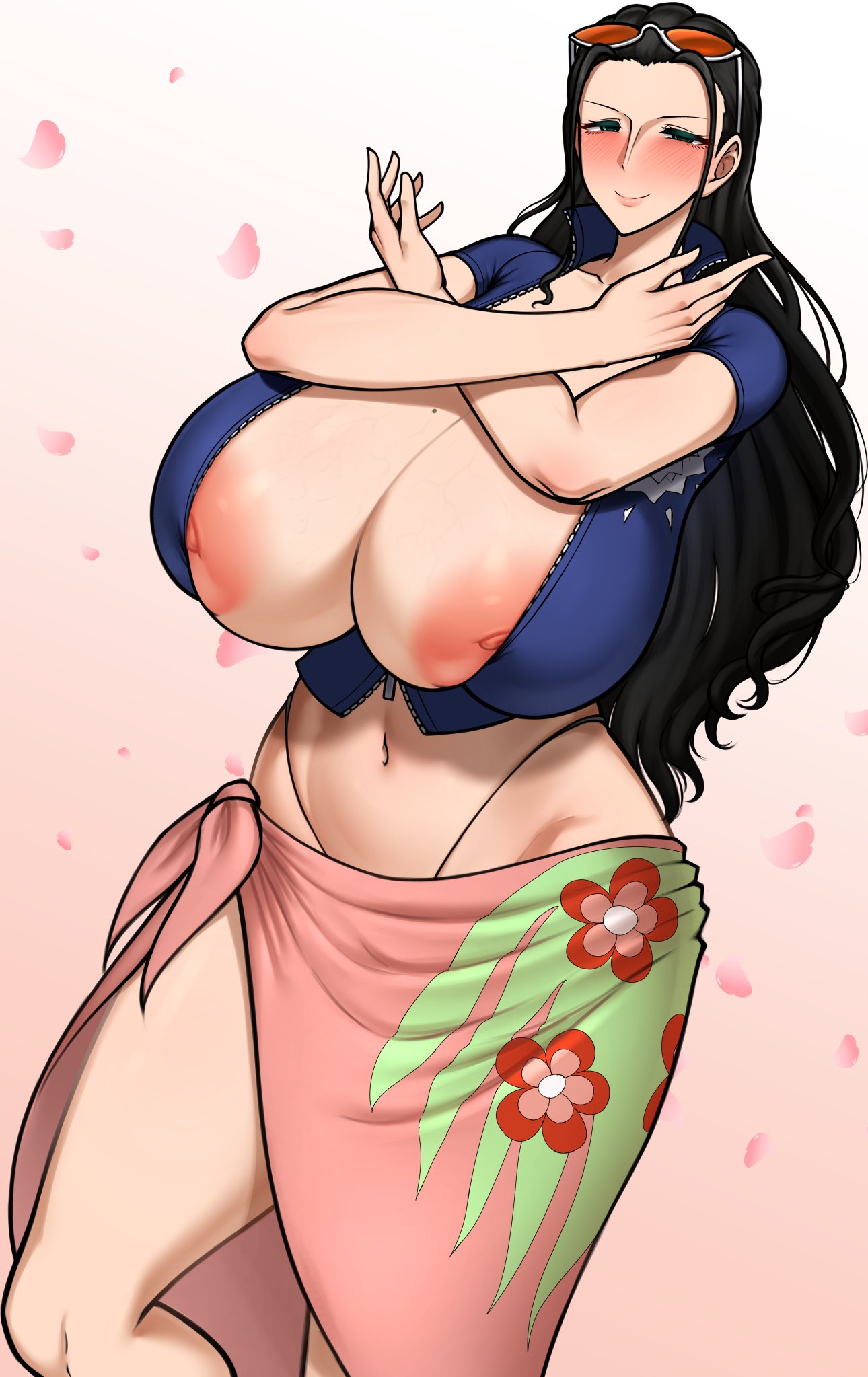 1girls big_breasts black_hair blue_eyes blush breasts breasts_out female female_focus female_only gorio light-skinned_female light_skin looking_at_viewer mole mole_on_breast nico_robin nipples one_piece pale-skinned_female pale_skin post-timeskip sarong solo solo_female sunglasses sunglasses_on_head zipper