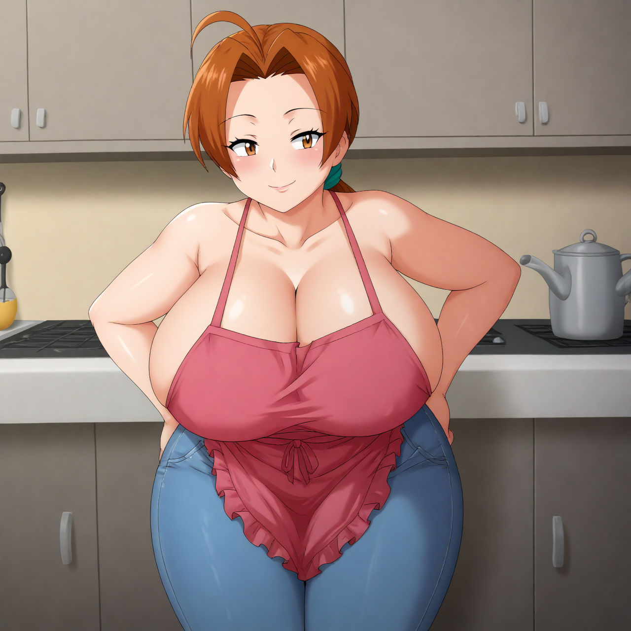 ai_generated apron arms_at_sides big_breasts blush brown_hair busty cleavage creatures_(company) curvy delia_ketchum_(pokemon) facing_viewer female female female_only game_freak hands_on_hips hi_res highres huge_breasts indoors jeans kitchen mommy mother nintendo pokemon_(game) pony_diffusion_xl pose seraphim_ai smile solo stable_diffusion