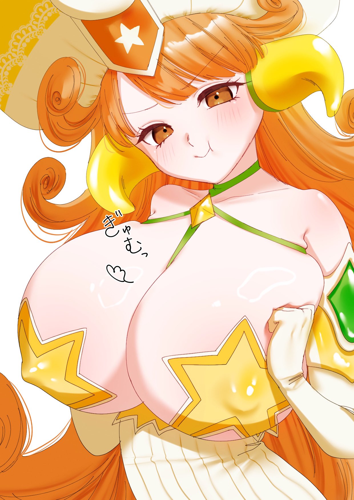 blush lines, breast squeeze, breasts, clenched hands, covered erect nipples, cute, female, furrowed brow, huge breasts, kai (battle cats), looking at viewer, nyanko daisensou, pout, squishy breasts, star pasties, the battle cats, upper body