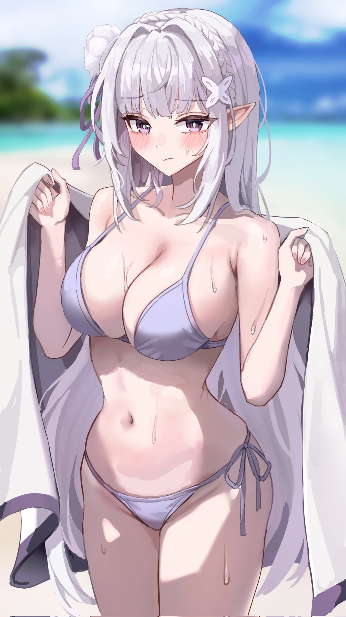 elf elf_ears elf_female emilia_(re:zero) purple_eyes re:zero_kara_hajimeru_isekai_seikatsu silver_hair