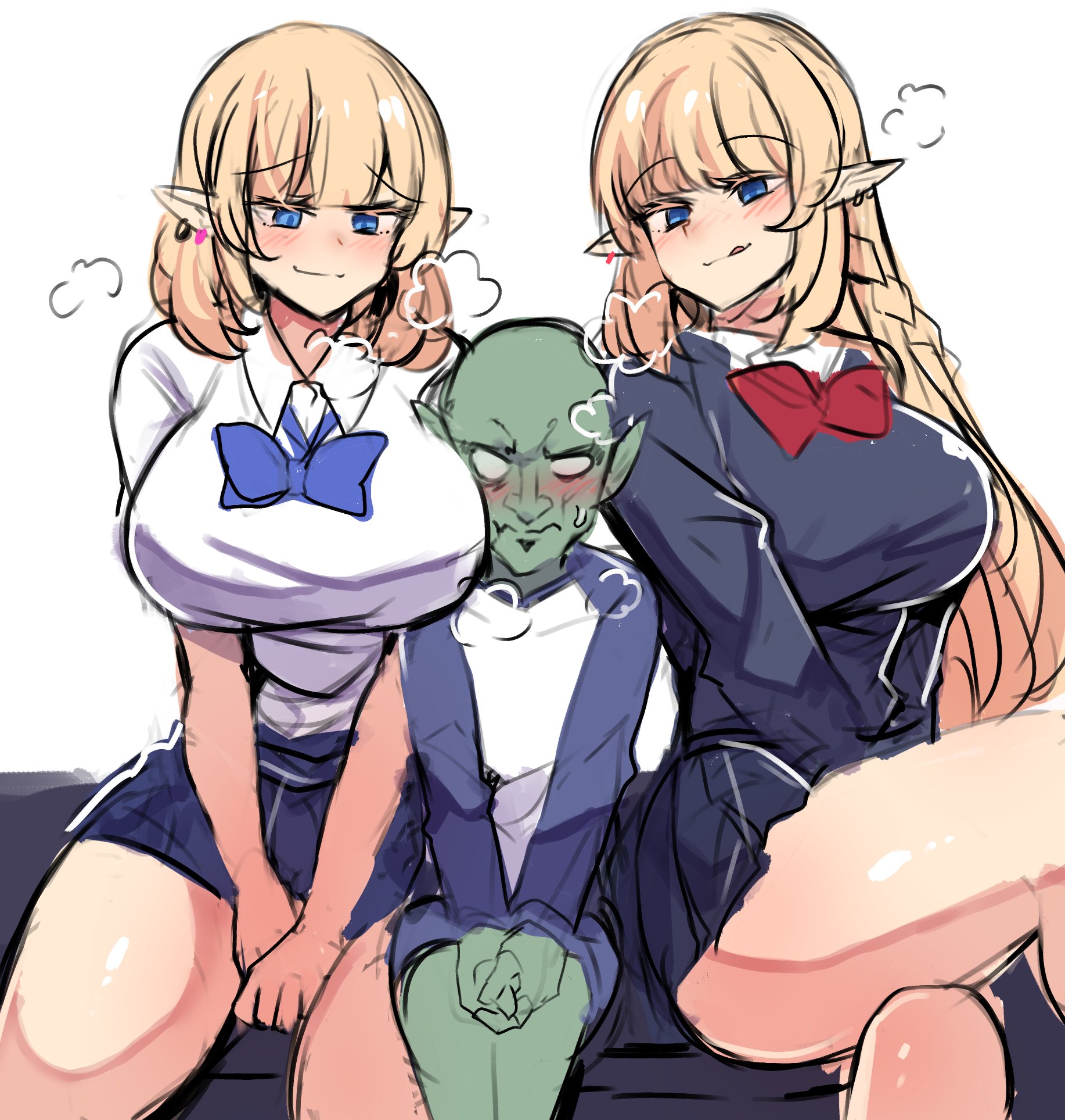 1boy, 2022, 2girls, ara ara, bald, bare legs, blonde hair, blue eyes, blush, bow, bowtie, braid, breasts, clothed, clothing, contemporary, crossed arms, earrings, elf, embarrassed, eyebrows visible through hair, female, female pervert, femdom, goblin, goblin male, green skin, green-skinned male, hands together, heavy breathing, height difference, highres, hinghoi, interspecies, jewelry, large breasts, larger female, licking, licking lips, light skin, light-skinned female, long ears, long hair, looking at another, male, meme, miniskirt, multiple females, multiple girls, naughty face, nervous, original, parody, pleated skirt, pointy ears, role reversal, sandwiched, school uniform, seductive, serafuku, sexual harassment, shirt, sitting, size difference, skirt, smaller male, smile, sweat, sweatdrop, thick thighs, thighs, tongue, tongue out, uniform, v arms