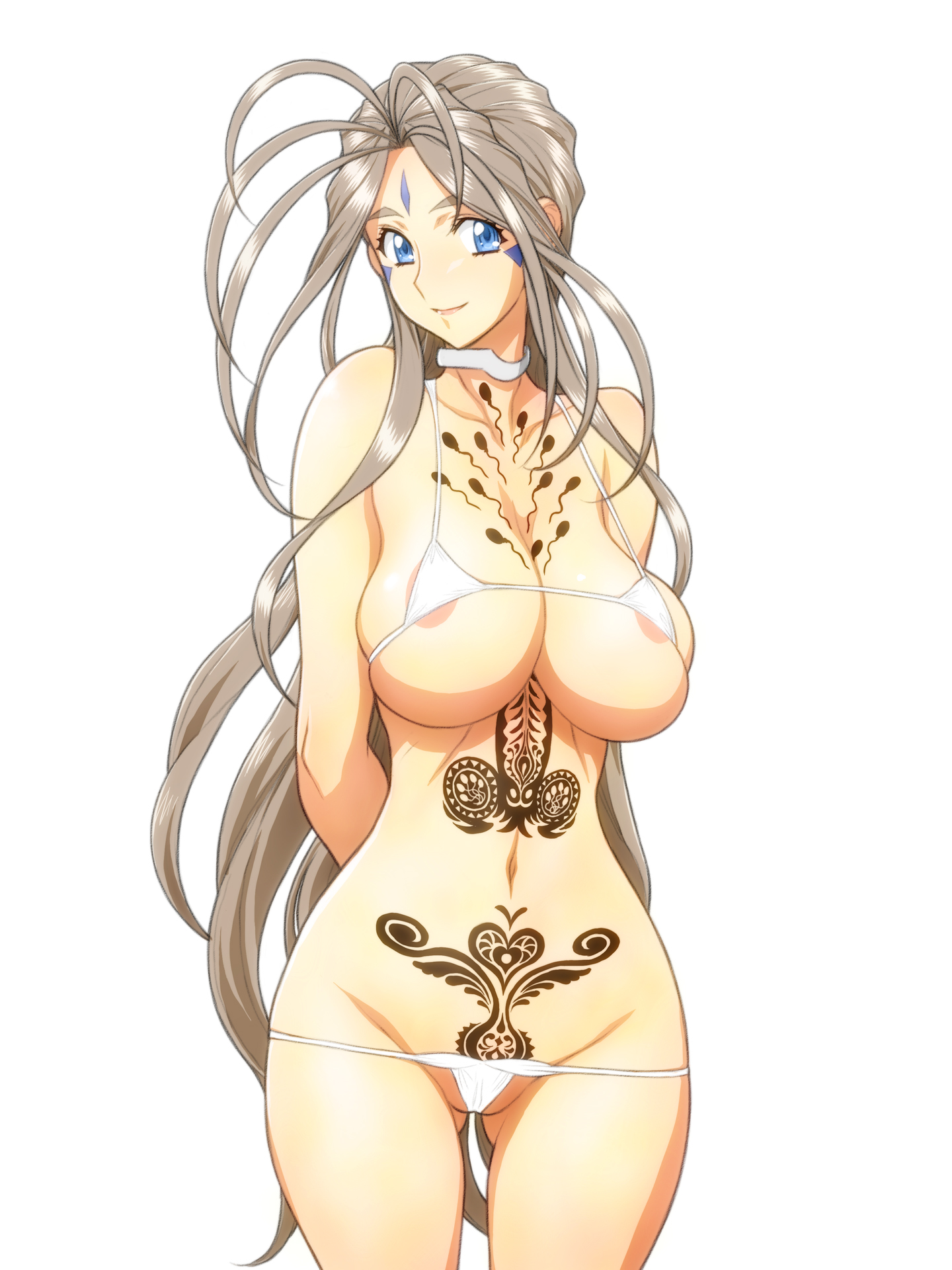 1girls, belldandy, blue eyes, breasts, facial markings, female, highres, inmon, joy division, large breasts, long hair, looking at viewer, oh my goddess!, pose, smile, solo, swimsuit, tattoo, womb tattoo