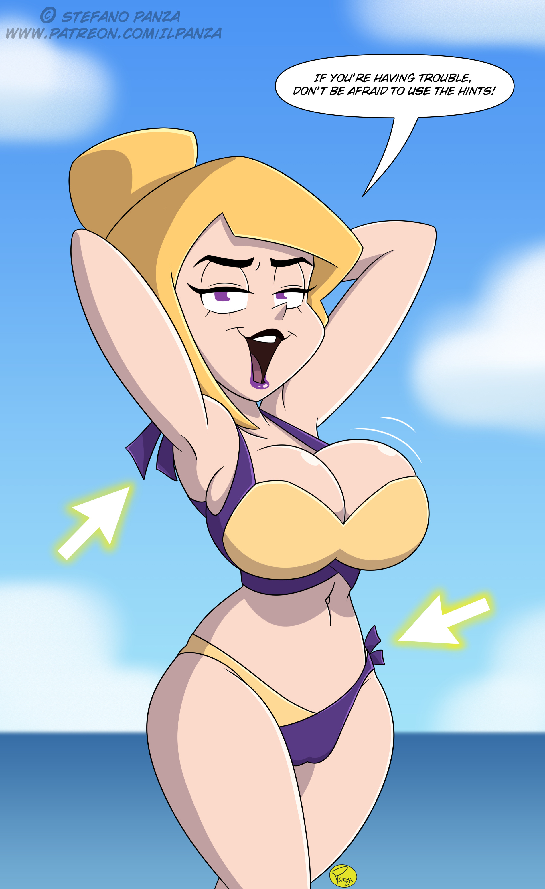 1girls, arms behind head, arrow, arrow (symbol), artist name, big boobs, big breasts, bikini, bikini bottom, bikini top, blonde hair, bottomwear, breasts, cleavage, english, english text, female, female only, gameoverse, gameplay mechanics, hair, half-closed eyes, hips, huge breasts, ilpanza, lips, lipstick, miss information (gameoverse), motion lines, purple bikini, purple eyes, purple lips, purple lipstick, solo, solo female, speech bubble, swimwear, text, thighs, tied hair, topwear