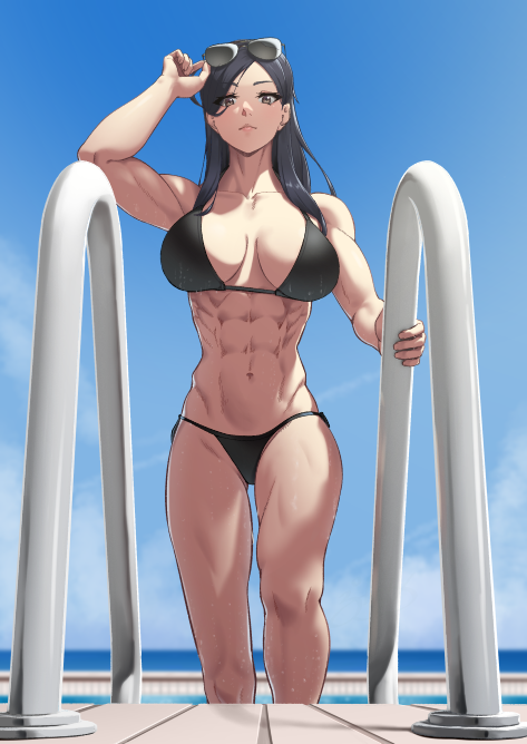 1girls abs bikini black_bikini black_hair breasts commission eri_(pokemon) front_view large_breasts long_hair muscular muscular_female navel pokemon_sv putcher solo swimsuit