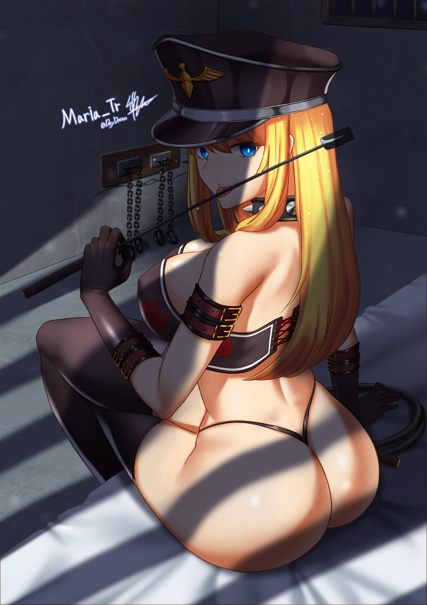 00s 1girl arm_at_side arm_belt artist_name ass back bare_shoulders bdsm bed_sheet belt_buckle black_gloves black_panties black_thighhighs blonde_hair blue_eyes breasts buckle chain character_name collar covered_erect_nipples cross-laced_clothes crossed_legs cuffs daydream_(zhdkffk21) dominatrix dungeon_and_fighter female_focus female_gunner_(dungeon_and_fighter) femdom floral_print from_behind gloves hat highres holding holding_riding_crop indoors large_breasts licking light_particles long_hair looking_at_viewer maria_tr on_bed panties peaked_cap riding_crop rose_print shackles shade shiny_skin sitting solo spiked_collar spikes stenciled_rose strapless teeth thighhighs thong tongue tongue_out underwear underwear_only wall whip