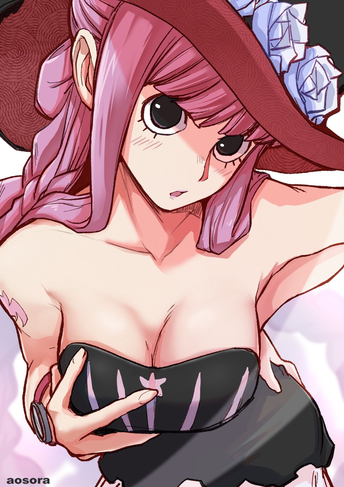 :o, 1girls, aosora, aosora2823, arm tattoo, bare shoulders, bat tattoo, black dress, black eyes, breasts, brown background, cleavage, collarbone, dress, female, female only, flower, hand on own hip, hand up, hat, hat flower, highres, large breasts, long hair, one piece, open mouth, perona, pink hair, pink tattoo, pink-haired female, red hat, simple background, solo, strapless, strapless dress, tattoo, watch, white flower, wristwatch