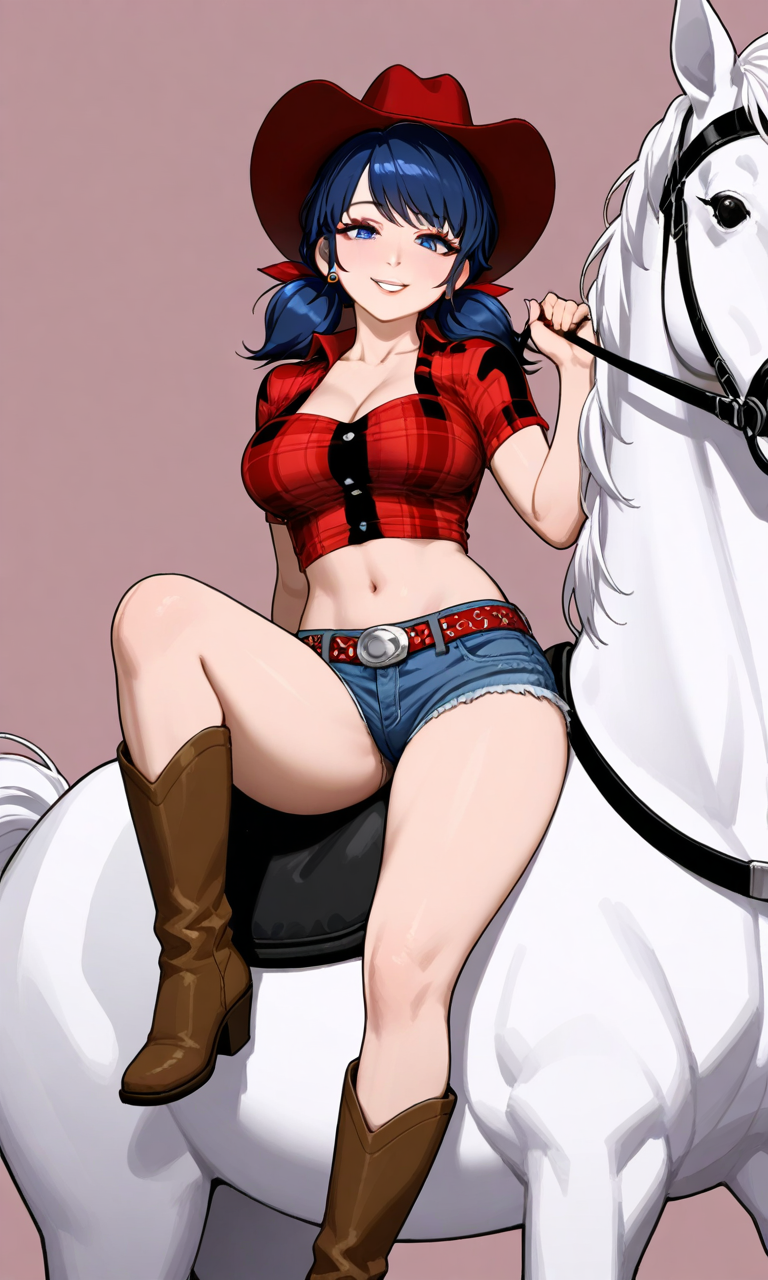 1female 1girls ai_generated bare_arms bare_midriff bare_thighs blue_eyes blue_hair chloenette69 cleavage cowgirl cowgirl_boots cowgirl_hat crop_top denim_shorts disney disney_channel eyebrows eyelashes eyeliner eyeshadow horse horse_riding ladybug_(character) large_ass large_breasts looking_at_viewer marinette_cheng marinette_dupain-cheng midriff miraculous:_tales_of_ladybug_and_cat_noir miraculous_ladybug plaid_shirt smiling smiling_at_viewer solo_female solo_focus thick_thighs twintails white_horse