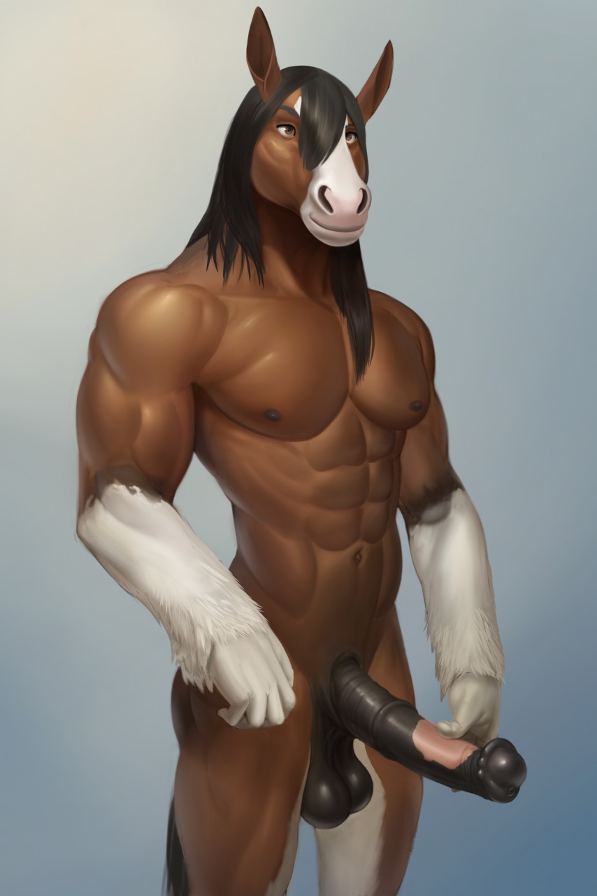 1boy 2015 abs animal_genitalia anthro balls equine erection horse horsecock male male_only mammal monds muscular nipples nude pecs penis smile solo