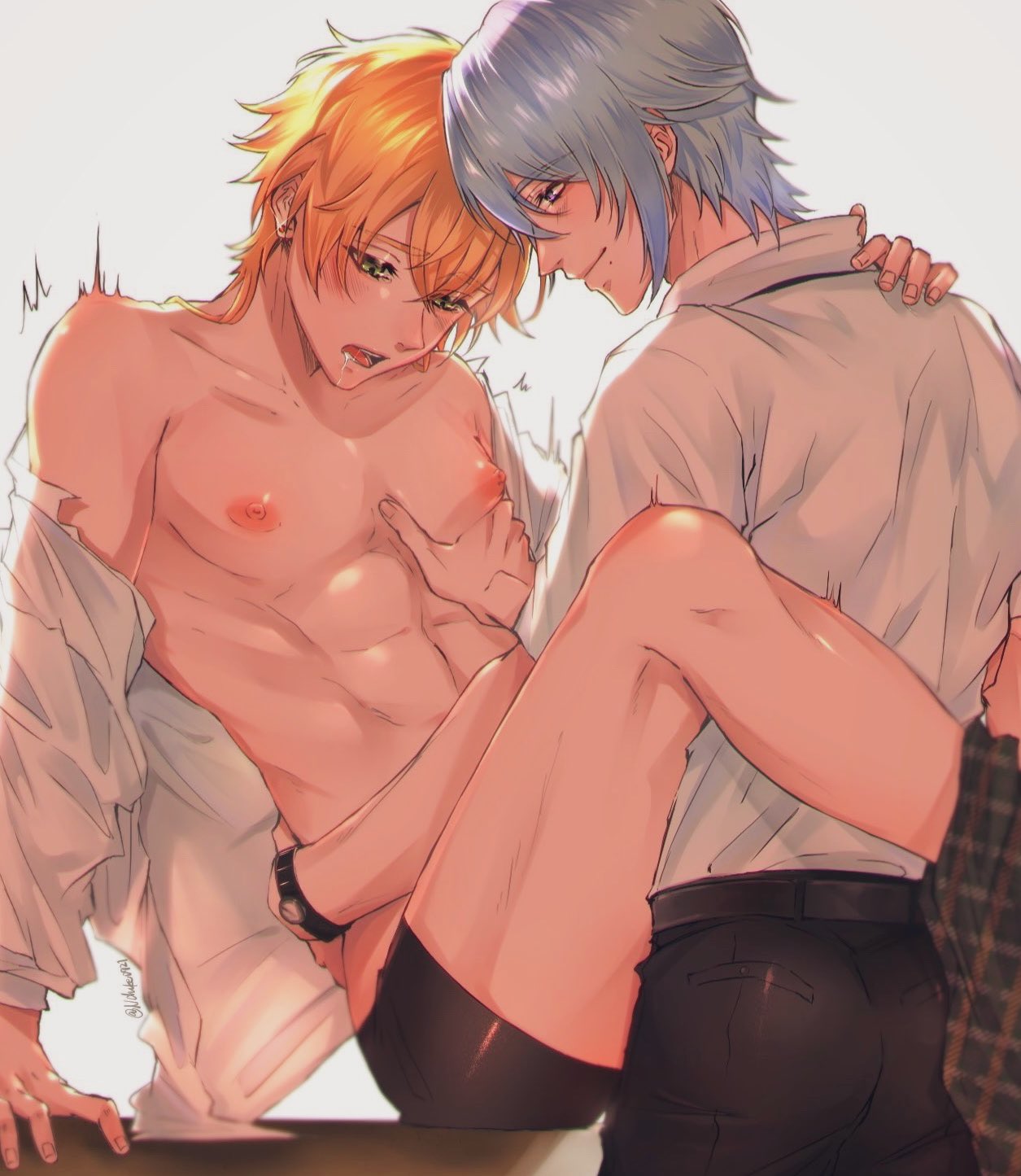 abs boxers childe_(genshin_impact) drooling gay genshin_impact hip_grab kamisato_ayato legs_tied nchuke0721 nipples yaoi