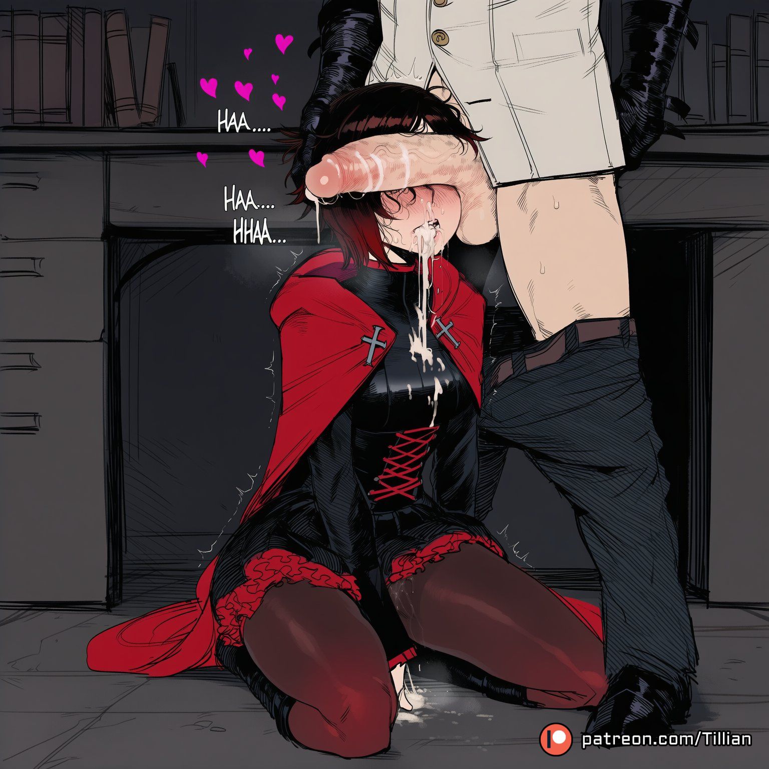 1boy, after fellatio, ai generated, balls, belt, black hair, blush, boots, breasts, cape, cloak, clothed sex, clothes pull, cum, cum in mouth, cum on body, cum on breasts, cum on clothes, cumdrip, desk, dress, english text, facial, female, frilled dress, frills, heart, hood, indoors, kneeling, large penis, male, multicolored hair, pants, pants pull, pantyhose, patreon username, penis, penis awe, penis on face, penis over eyes, red cape, red hair, roman torchwick, ruby rose, rwby, saliva, short hair, sitting, solo focus, straight, testicles, tillian, two-tone hair, uncensored