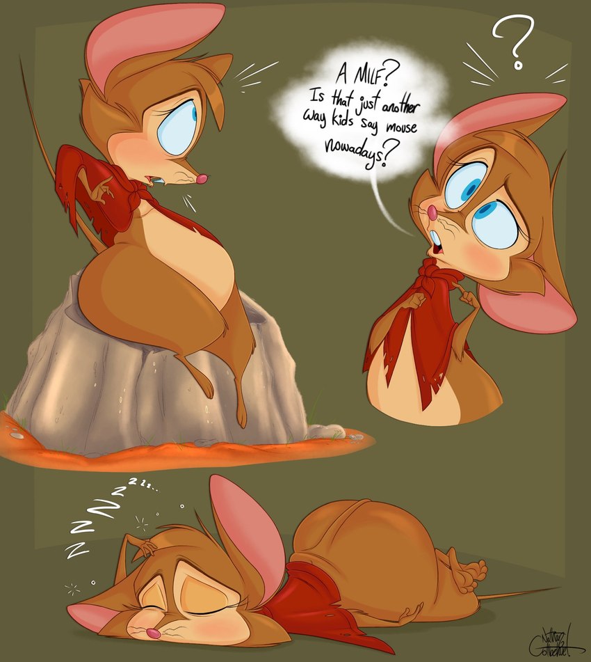 2024 anthro ass belly big_butt big_ears blue_eyes blush bottom_heavy brown_body brown_fur buckteeth cloak cloak_only clothing dialogue don_bluth english_text female fur hi_res huge_ass huge_butt lying mammal mature_female metro-goldwyn-mayer milf mouse mrs._brisby murid murine on_front onomatopoeia pear-shaped_figure question_mark rodent signature silentjack8 sitting sleeping snoring solo sound_effects speech_bubble surprised_expression tail teeth text the_secret_of_nimh thick_thighs whiskers wide_hips wood_mouse