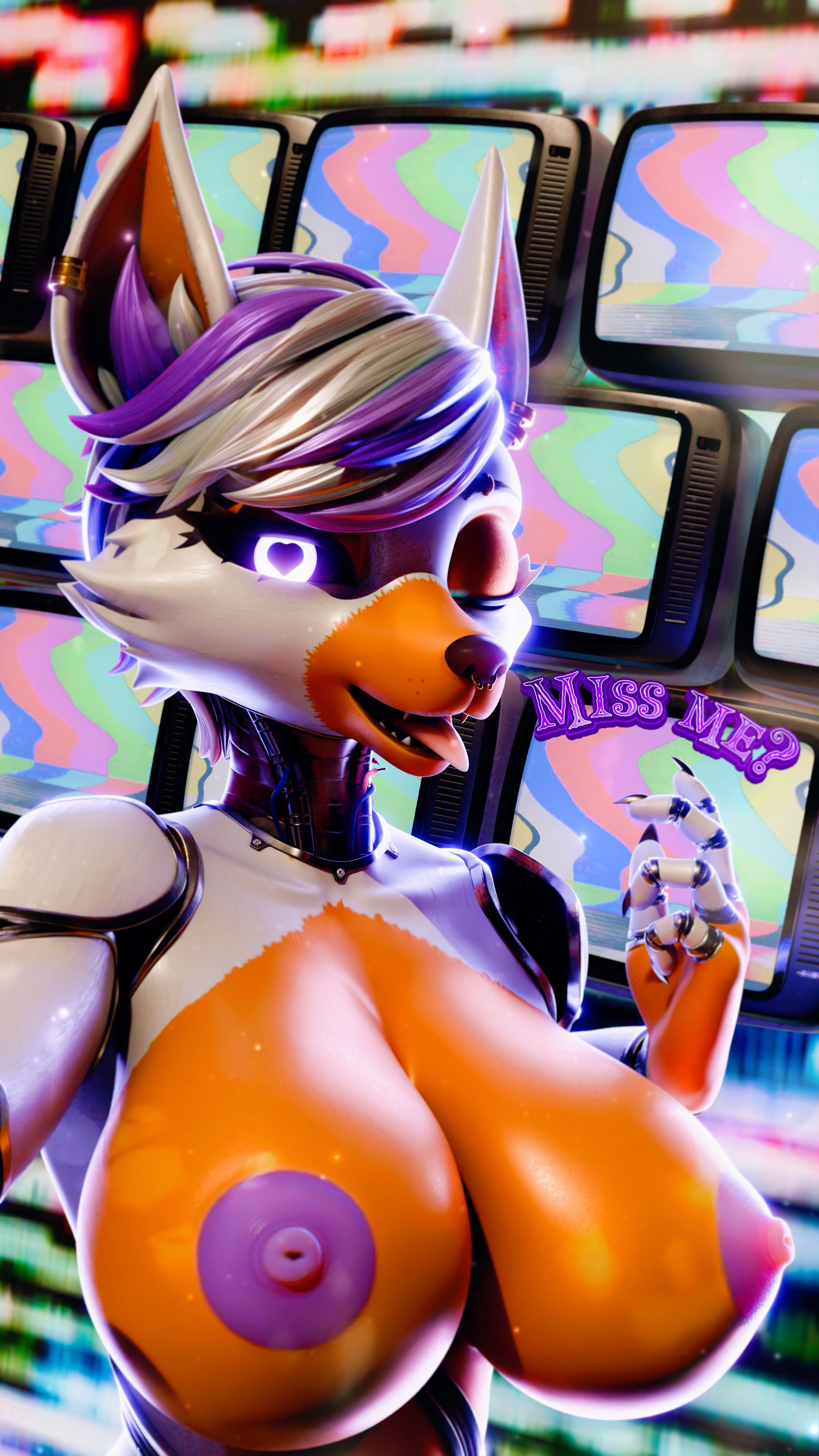 3d (artwork), 4k, 9:16, absurd res, animatronic, anthro, areola, big breasts, black sclera, breasts, canid, canine, claws, dialogue, digital media (artwork), ear piercing, ear ring, electronics, english text, eyebrow piercing, facial piercing, fangs, female, five nights at freddy's, five nights at freddy's world, fox, glistening, glistening body, glistening hair, glitch, glowing, glowing eyes, heart pupils, hi res, inner ear fluff, lolbit (fnaf), looking at viewer, machine, mammal, monitor, mrs dexie, nipples, nose piercing, nude, nude anthro, nude female, one eye closed, open mouth, open smile, orange body, piercing, purple areola, purple eyes, purple hair, purple nipples, ring piercing, robot, robot anthro, scottgames, short hair, smile, smiling at viewer, solo, talking to viewer, teeth, television, text, tuft, white body, white hair