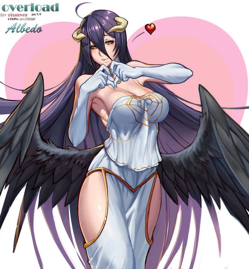 1girls, 2015, albedo (overlord), demon, female, female only, fully clothed, gtunver, horns, long hair, overlord (maruyama), purple hair, solo, succubus, tagme, very long hair, wings, yellow eyes