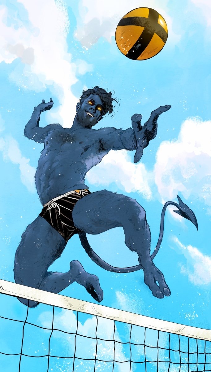 abs beach blue_body blue_fur blue_hair clouds glowing_eyes jumping male male_focus male_only marvel marvel_comics muscular muscular_male mutant_(marvel) nick_robles outside pecs pointed_ears pointed_tail public sand sky smiling smiling_at_viewer solo solo_focus solo_male spade_tail sport swimsuit tail three_fingers three_toes volleyball volleyball_(ball) volleyball_net x-men yellow_eyes