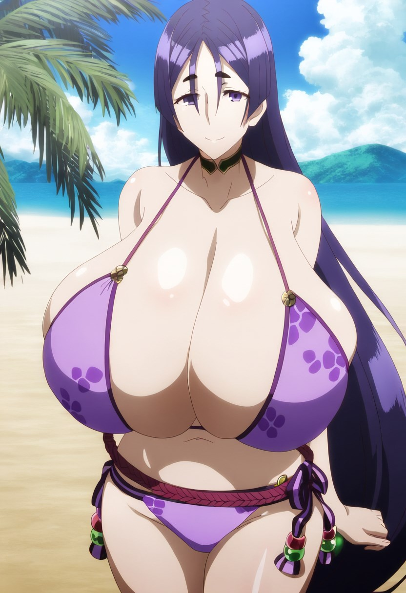 ai_generated beach big_breasts bikini bikini_bottom bikini_top breast_focus breast_squish breast_support breasts breasts_bigger_than_torso busty cleavage clouds collarbone content_smile cropped_legs dark_purple_hair ebisuya_honpo fate/grand_order fate_(series) female from_behind front_heavy_breasts full_cleavage heavy_breasts huge_breasts large_breasts light-skinned_female light_skin long_breasts massive_breasts matching_hair/eyes minamoto_no_raikou_(fate) minamoto_no_raikou_(fate/grand_order) minamoto_no_raikou_(swimsuit_lancer) navel palm_tree pendulous_breasts purple_bikini purple_clothing purple_eyes purple_hair shiny_breasts skindentation sky slender_waist slight_smile slim smile solo swimsuit top_heavy upper_body