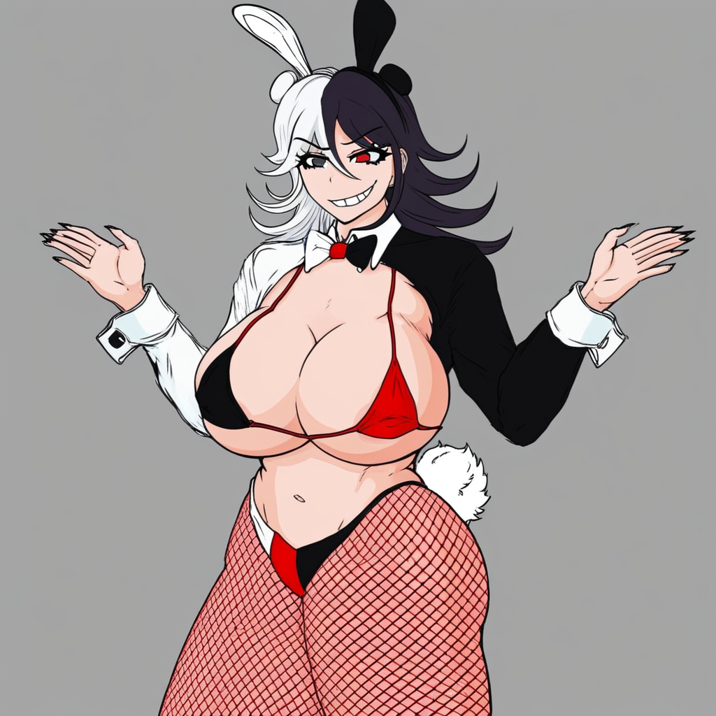 1girls ai_generated animal_ears bear_ears big_breasts black_and_white_hair bowtie civitai danganronpa danganronpa:_trigger_happy_havoc danganronpa_(series) danganronpa_1 female female_focus female_monokuma female_only fishnet_legwear fishnet_stockings fishnets genderswap_(mtf) heterochromia human_monokuma monokuma rabbit_ears reverse_bunnysuit rule_63 smile solo solo_female solo_focus split-color_hair tagme two_tone_hair