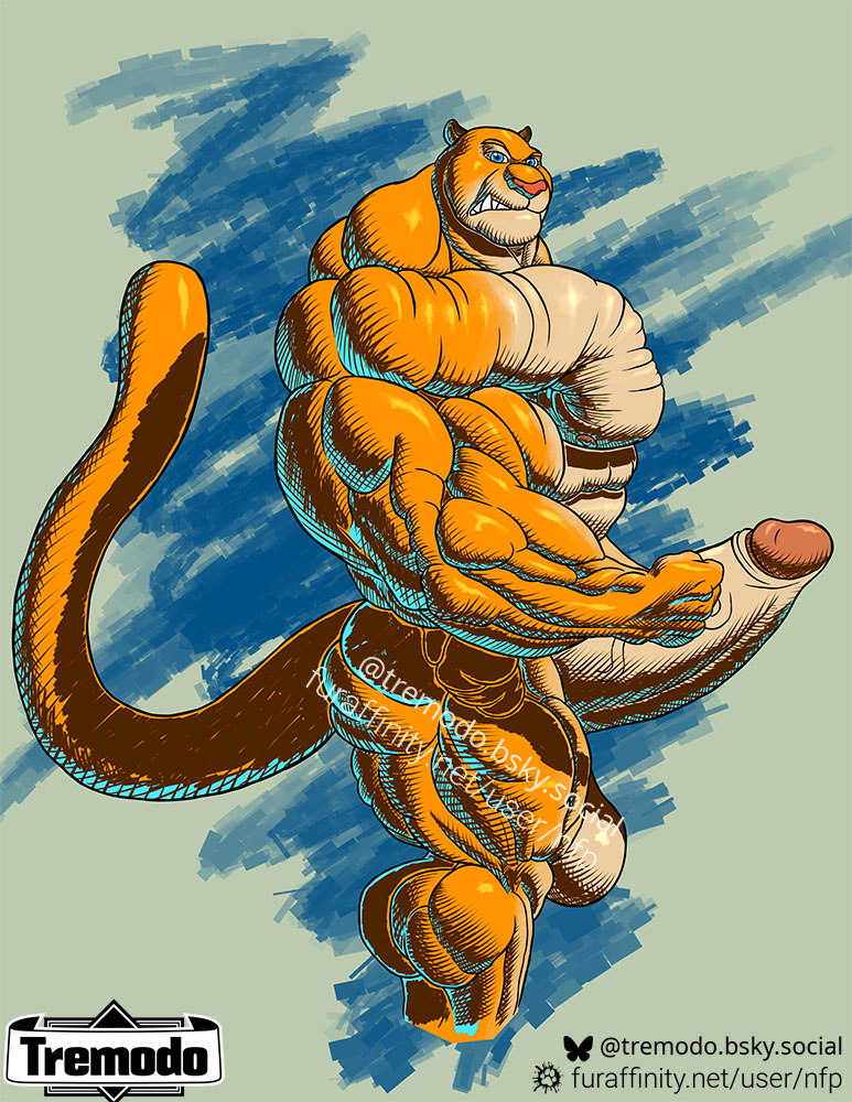 anthro balls big_balls big_muscles big_penis biped erection felid flexing foreskin genitals glans huge_balls huge_cock huge_muscles humanoid_genitalia humanoid_penis hyper hyper_muscles male male_anthro mammal manly muscular muscular_anthro muscular_male nfp pantherine penis retracted_foreskin solo text tiger tremodo url vein veiny_penis