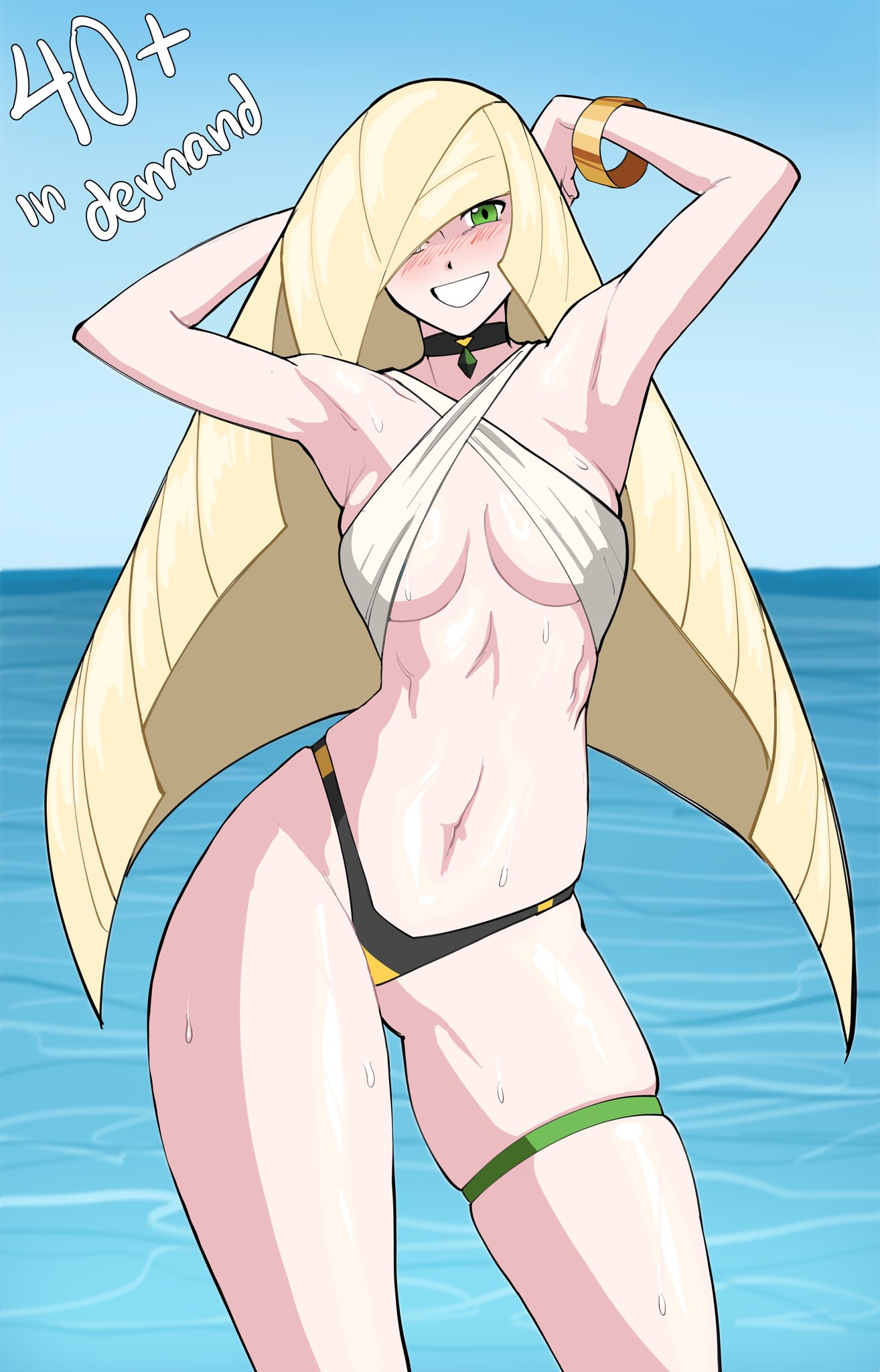 1girls armpits arms_up blonde_hair breasts female female_only green_eyes hair_over_one_eye hands_behind_head looking_at_viewer lusamine_(pokemon) octavius_dp pokemon solo sweat sweaty_body swimsuit thick_thighs wide_hips