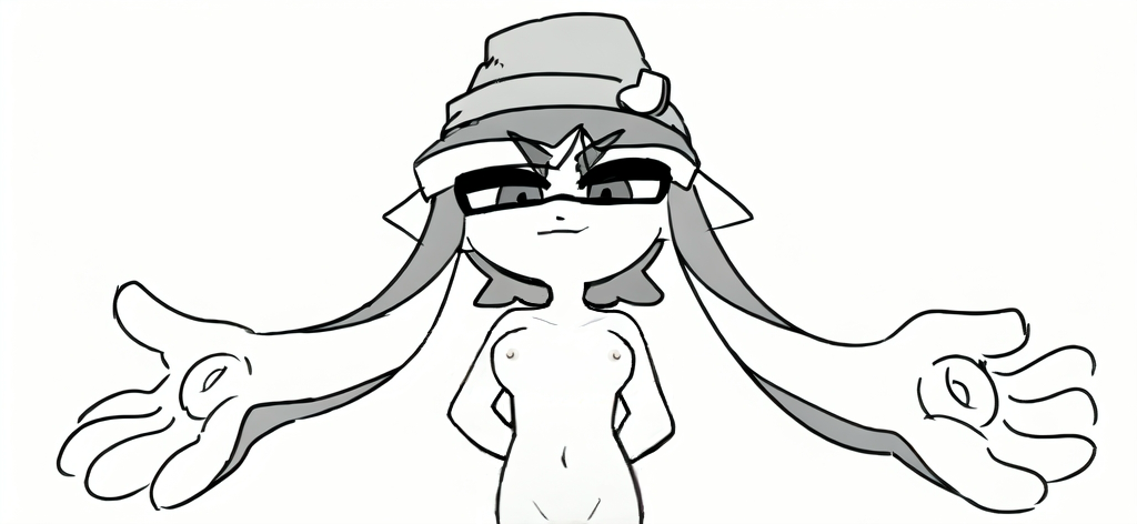 beanie breasts_out inkling inkling_girl looking_at_viewer looking_down manga naked naked_female namonaki navel nude_female oc original_character petite petite_body petite_female small_breasts smug smug_face splatoon splatoon_(series) stomach