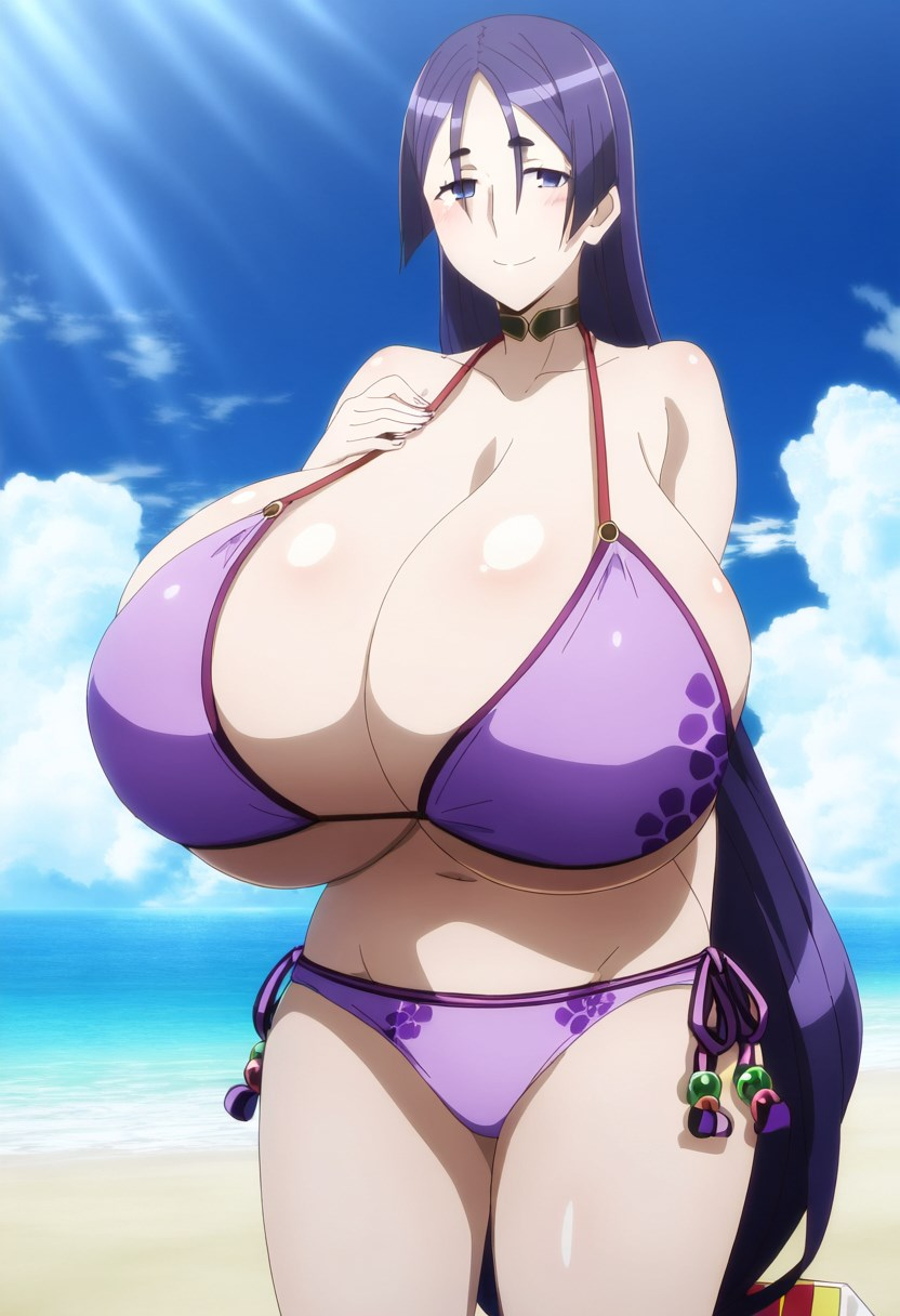 ai_generated beach big_breasts bikini bikini_bottom bikini_top breasts cleavage clouds collarbone ebisuya_honpo fate/grand_order fate_(series) female heavy_breasts huge_breasts large_breasts mature_female milf minamoto_no_raikou_(fate) minamoto_no_raikou_(fate/grand_order) minamoto_no_raikou_(swimsuit_lancer) sky solo