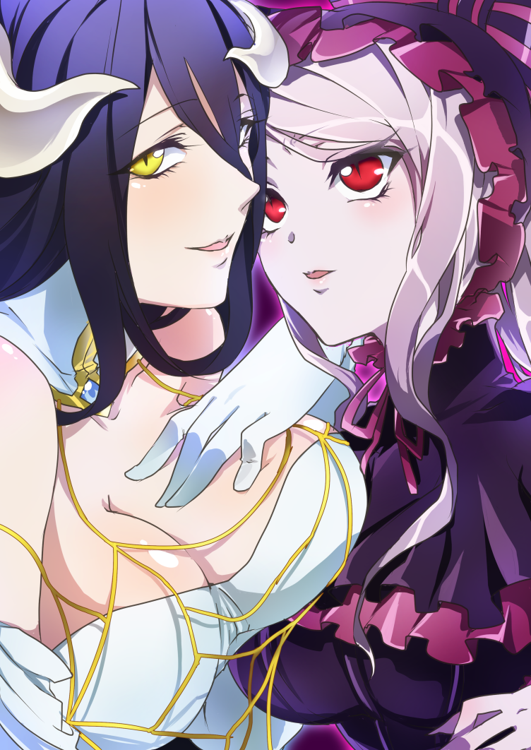 2girls, albedo (overlord), artist request, demon, female, female only, fully clothed, grey hair, horns, long hair, multiple females, multiple girls, overlord (maruyama), pale skin, purple hair, red eyes, shalltear bloodfallen, succubus, vampire, yellow eyes, yuri