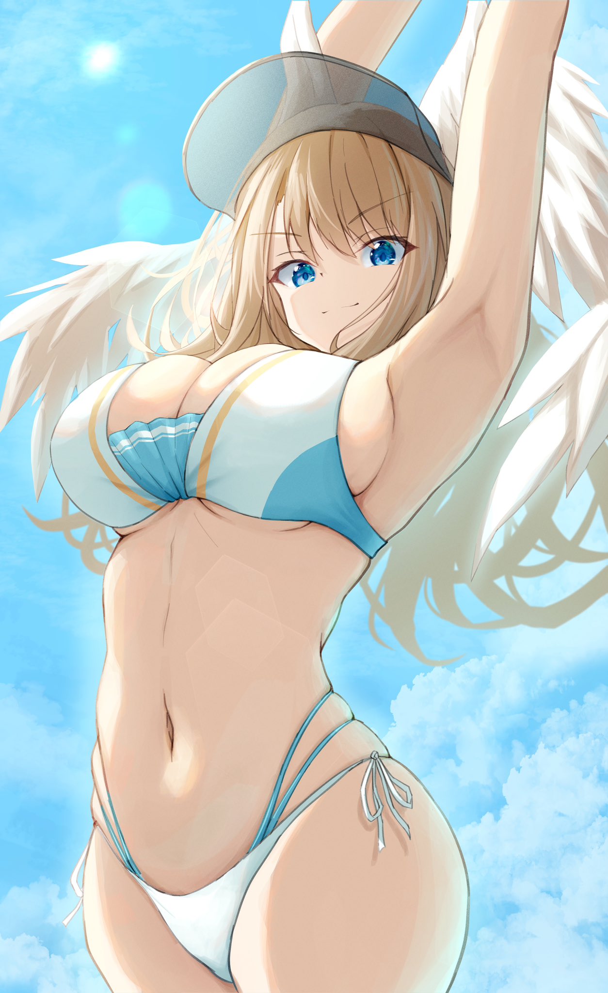 armpits arms_up bikini blue_eyes blue_sky breasts brown_hair cleavage eunie_(xenoblade) female hat head_wings highres large_breasts looking_down medium_hair navel okazu2010015 outdoors sideboob sky solo stomach string_bikini swimsuit tagme thick_thighs thighs underboob white_bikini wings xenoblade_(series) xenoblade_chronicles_3