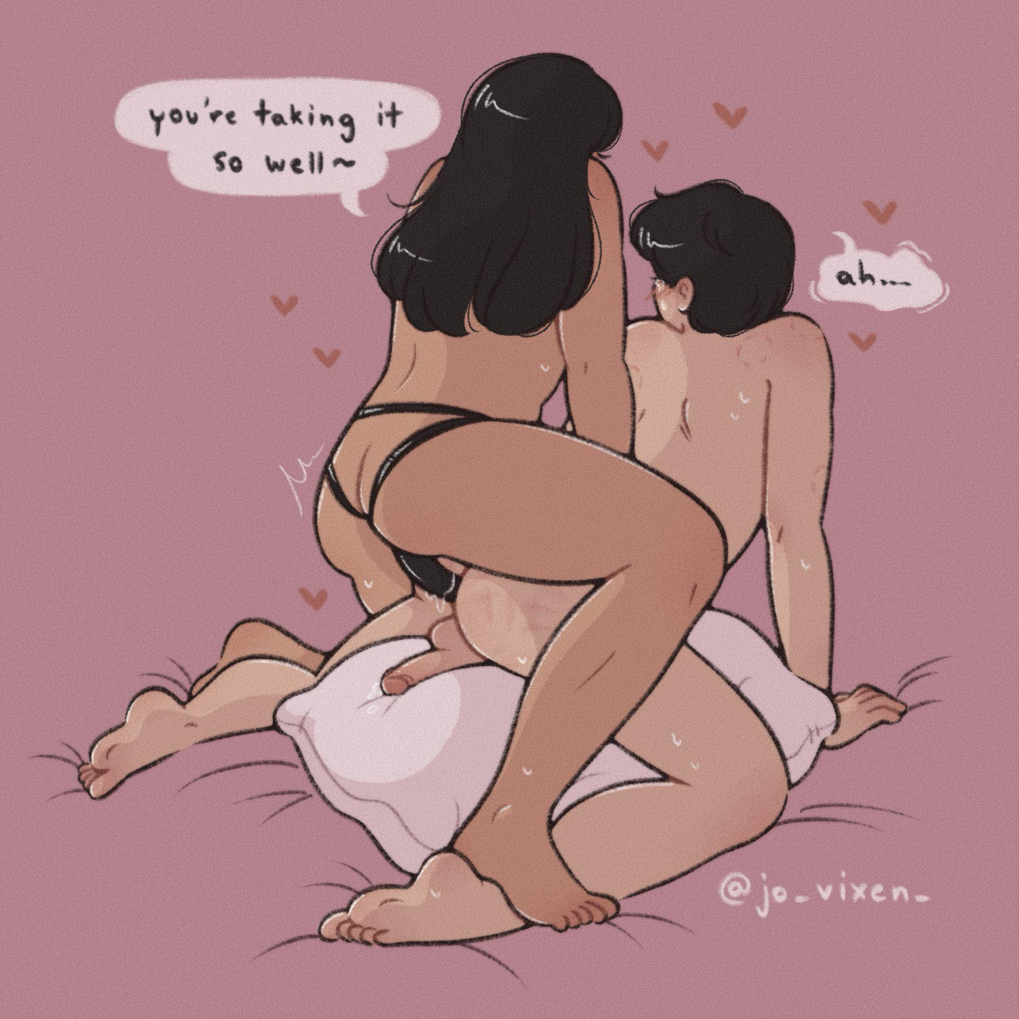 1boy, 1girls, anal, anal sex, assertive female, back arch, back arched, back view, backshots, bite mark on shoulder, bite marks, black hair, black-haired female, black-haired male, cock-tail, compliment, dominant female, female, female penetrating, female penetrating male, femdom, gentle femdom, jo vixen , male, male penetrated, malesub, marks, marks on body, oozing precum, pegging, penis, pillow humping, poc, praise, scratch marks, scratches, stepping on leg, straight, strap-on, strapon, submissive male