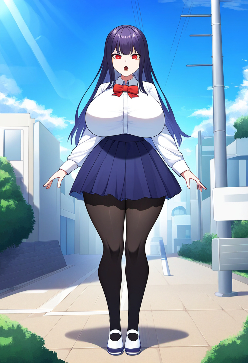 ai_generated bowtie huge_breasts long_hair please_don't_bully_me,_nagatoro purple_hair red_eyes sana_sunomiya school_uniform schoolgirl stockings