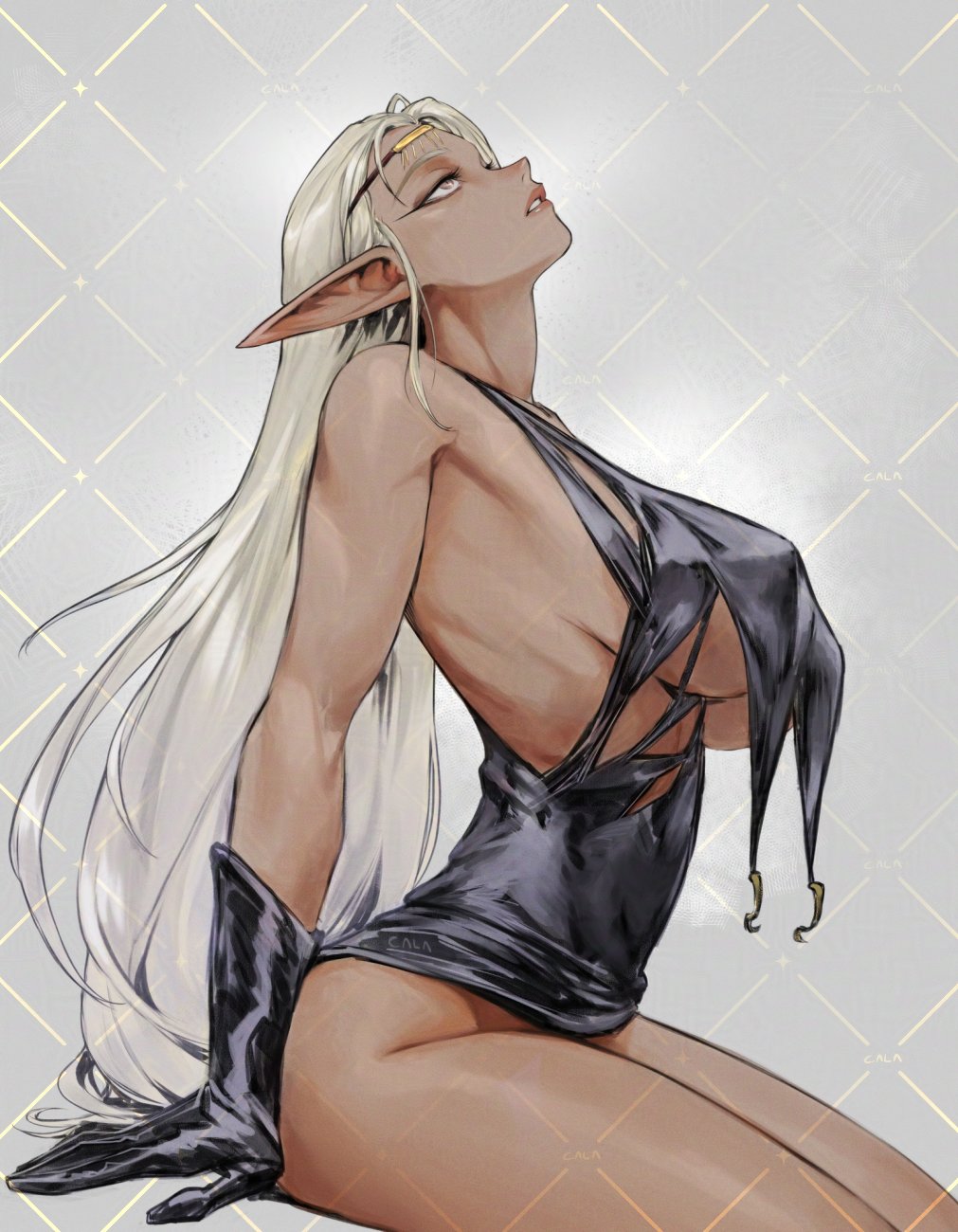 1girls 2024 calad_g dark-skinned_female dark_elf dark_skin dress elf elf_ears elf_female female female_only gloves long_hair looking_up pirotess record_of_lodoss_war sitting solo white_hair