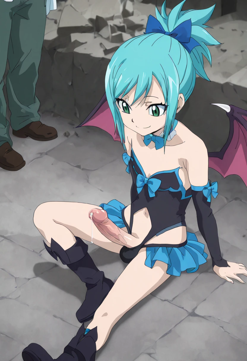 1boy ai_generated aqua_hair erect_penis erection feminine_body feminine_male green_eyes penis precum shiun&#039;in_sora smile sora_perse succubus_costume succubus_outfit trap yu-gi-oh! yu-gi-oh!_arc-v