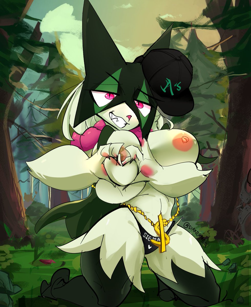 1girls, 2d, anthro, areolae, bare breasts, big breasts, breasts, clothing, detailed background, digital media, female, female only, furry, furry female, furry only, game freak, grin, hat, heart sign, kneeling, large breasts, looking at viewer, meowscarada, nintendo, nipples, outdoor nudity, outdoors, panties, pokemon, pokemon (species), pokemon sv, sirkerner, sitting, solo, solo female, topless, underwear only