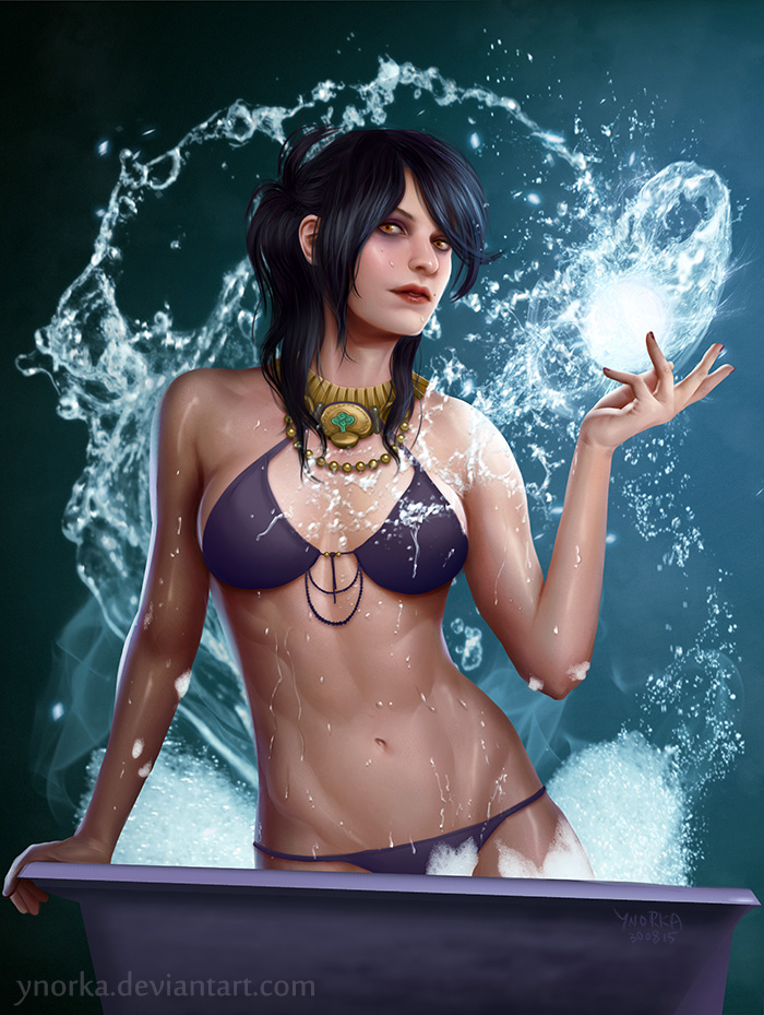 1girls, 2d, bath, bikini, black hair, cleavage, dragon age, dragon age inquisition, female, female only, magic, morrigan (dragon age), navel, necklace, solo, solo female, standing, water, wet, ynorka