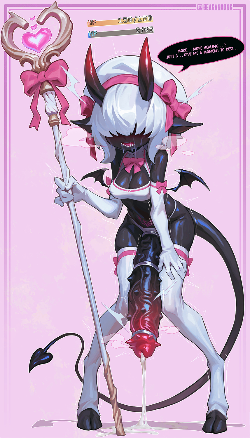 accessory armwear black_body bodily_fluids clothing cock_ring demon dripping elbow_gloves exhausted full-length_portrait gameplay_mechanics genital_fluids genitals gloves gui hair hair_over_eyes handwear health_bar herm hi_res hooves horn humanoid intersex jewelry mana_bar penis penis_accessory penis_jewelry pink_background portrait precum precum_drip pubic_tattoo reagan_long sharp_teeth simple_background solo spade_tail spiked_penis spikes spikes_(anatomy) staff standing tail tattoo teeth white_clothing white_gloves white_hair white_handwear