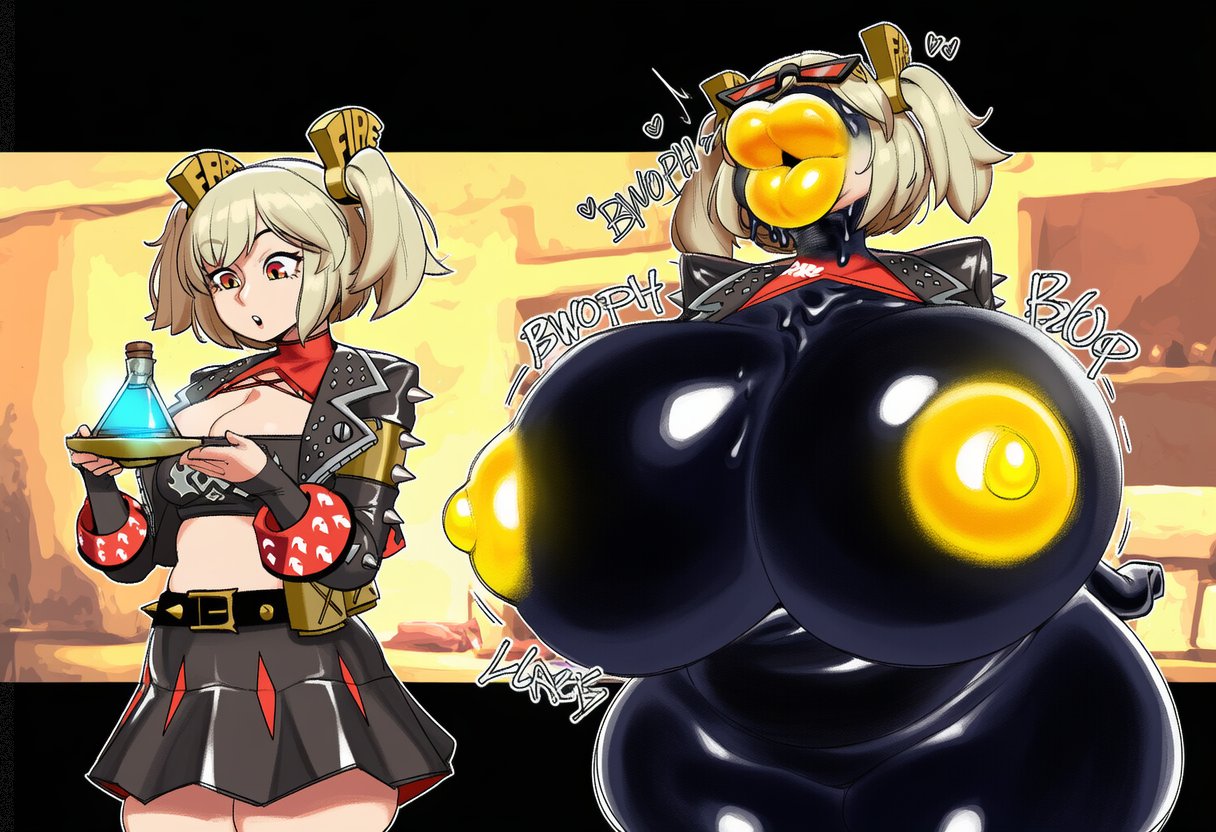 ai generated, ass expansion, before and after, black body, brainwashing, breast expansion, breasts, burnice white, clickyclacky, cursed fleshlight, cursed fleshlight (gorila invisible), eyewear on head, female, hyper breasts, hyper lips, identity death, lip expansion, nipples, transformation, unwilling transformation, yellow lips, yellow nipples, zenless zone zero