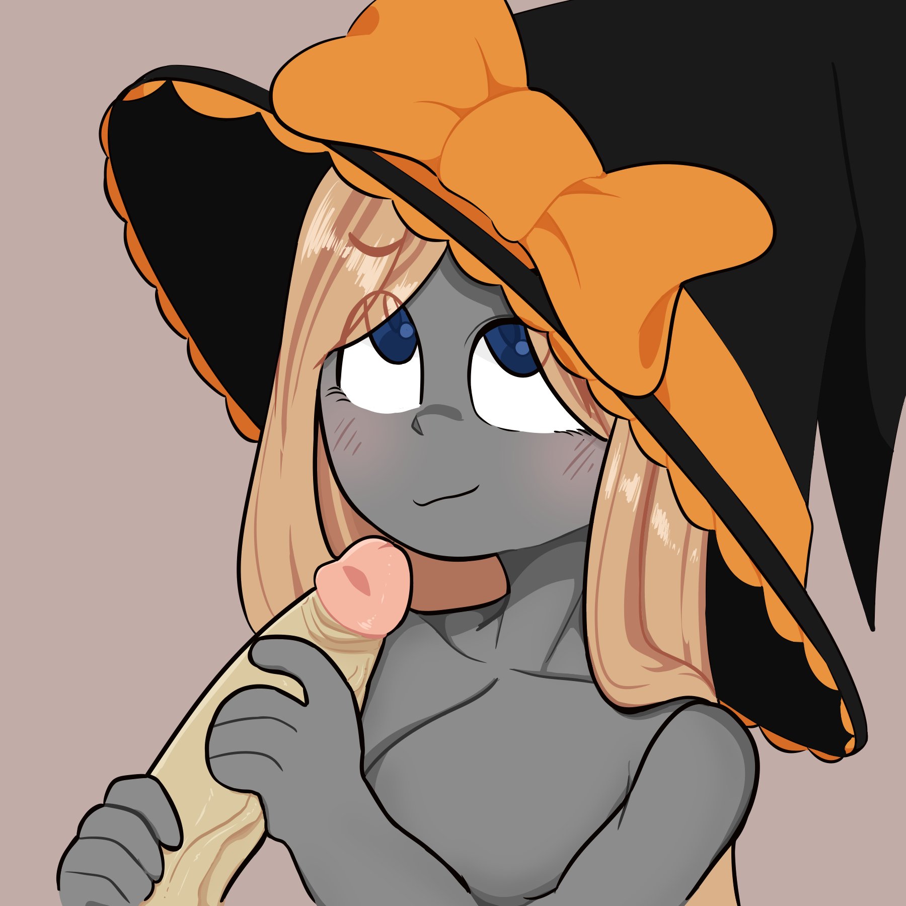 1boy, 1girls, 2022, 2d, big penis, black hat, blonde hair, blue eyes, blush, breasts, cleavage, commission, completely nude, female, female focus, grey skin, handjob, hat, holding penis, light skin, light-skinned female, long hair, looking at another, male, male/female, nude, nude female, nude male, offscreen character, offscreen male, pale skin, pale-skinned female, penis, penismaster48, plain background, roblox, roblox avatar, robloxian, simple background, smile, veiny penis, witch hat