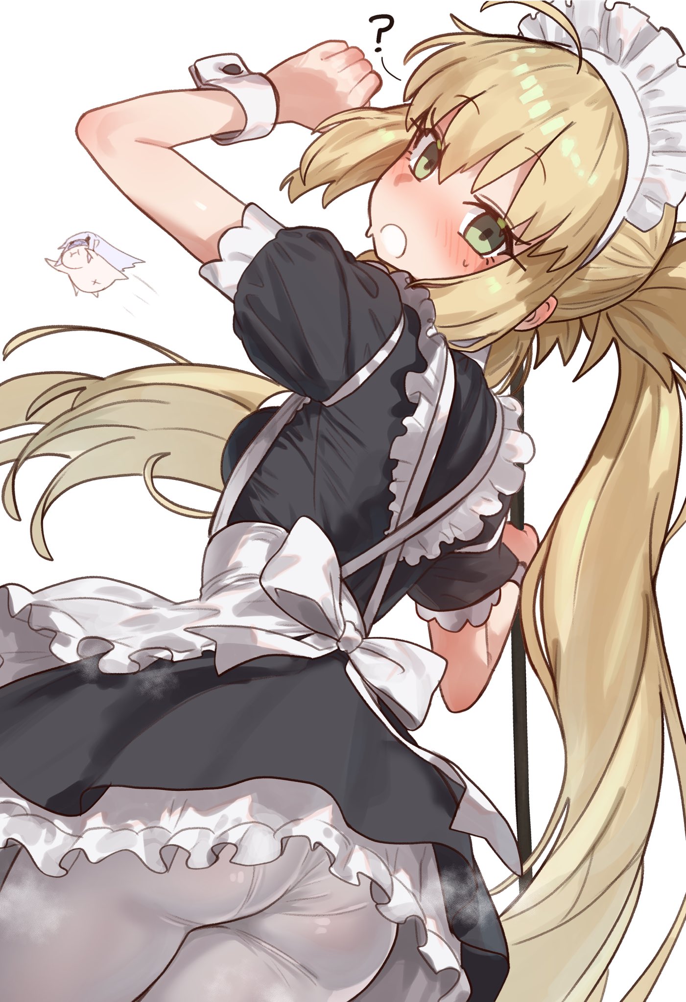 ?, 1girls, artoria caster (fate), artoria pendragon, artoria pendragon (caster), ass, blush, ebora, fate (series), fate/grand order, female, looking at viewer, looking back, maid, maid uniform, panties, panties under pantyhose, steam, steaming body, sweat, tight ass, youngmanisdown