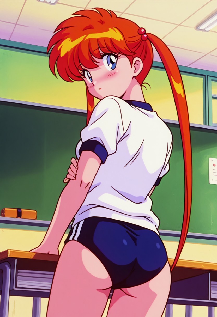 ai_generated ass ass_focus bangs blue_buruma blue_eyes blush breasts buruma chalkboard classroom clothing cowboy_shot desk female from_behind gym_uniform hair_bobbles hair_ornament huge_ass indoors jigoku_sensei_nube kyoko_inaba long_hair looking_at_viewer looking_back orange_hair ponytail red_hair retro_artstyle school_desk school_uniform schoolgirl shirt short_sleeves shounen_jump solo sportswear standing teenage_girl teenager tied_hair twintails uniform white_shirt young