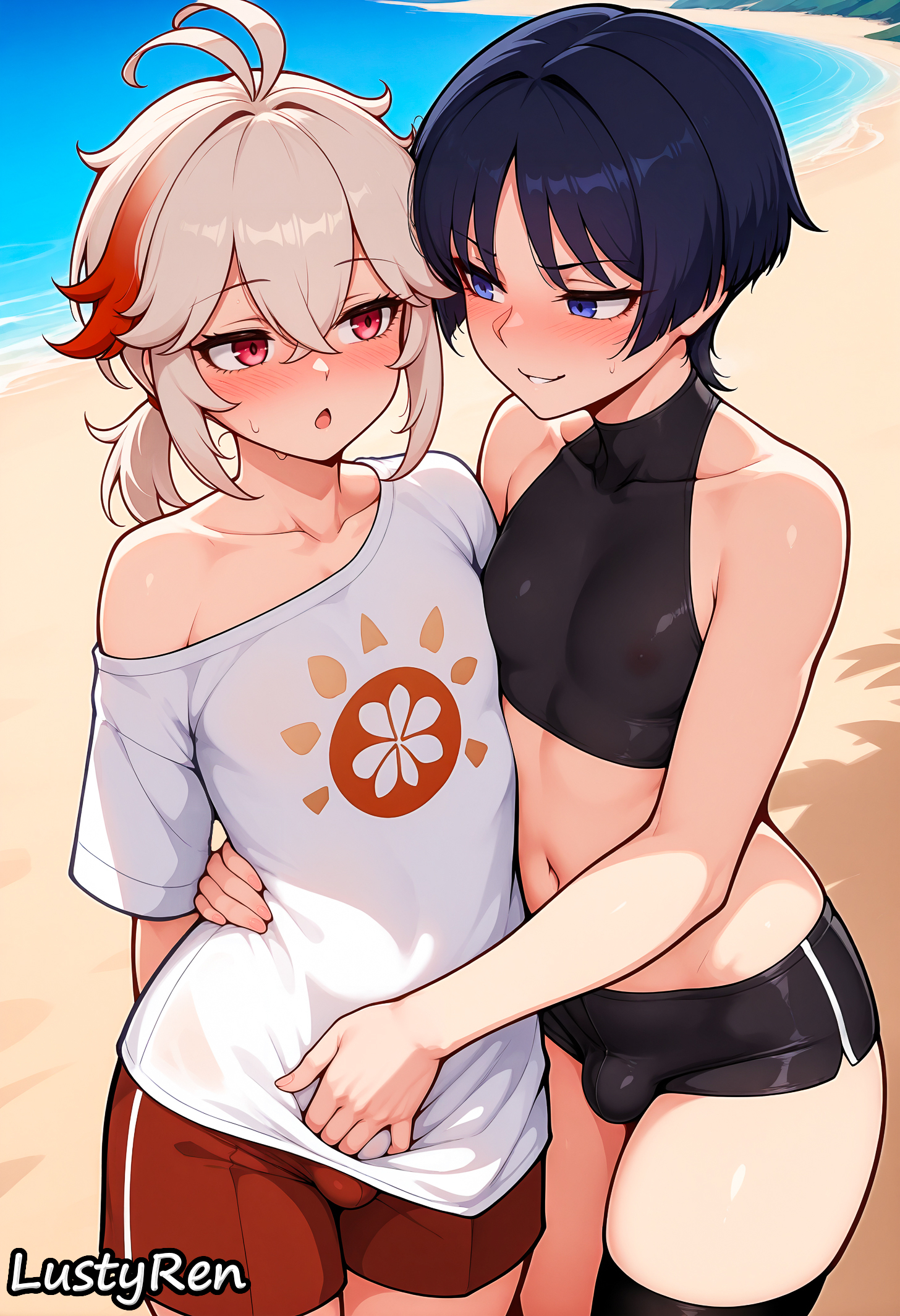 2boys, ai generated, femboy, gay, genshin impact, kaedehara kazuha, lustyren, male, male only, otoko no ko, scaramouche (genshin impact), wanderer (genshin impact), yaoi