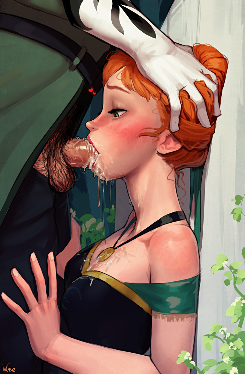 anna (frozen), balls, blush, breasts, cleavage, cum, cum in mouth, cum inside, cum on breasts, disney, faceless male, fellatio, female, frozen (film), head grab, human, incase, male, oral, orange hair, pendant, penis, straight, testicles